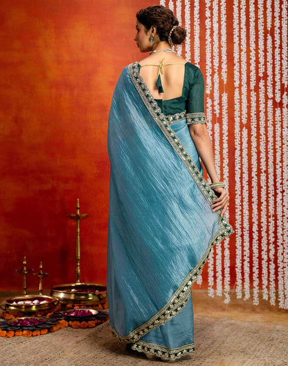 Teal Blue Crush Tissue Sequence Lace Saree