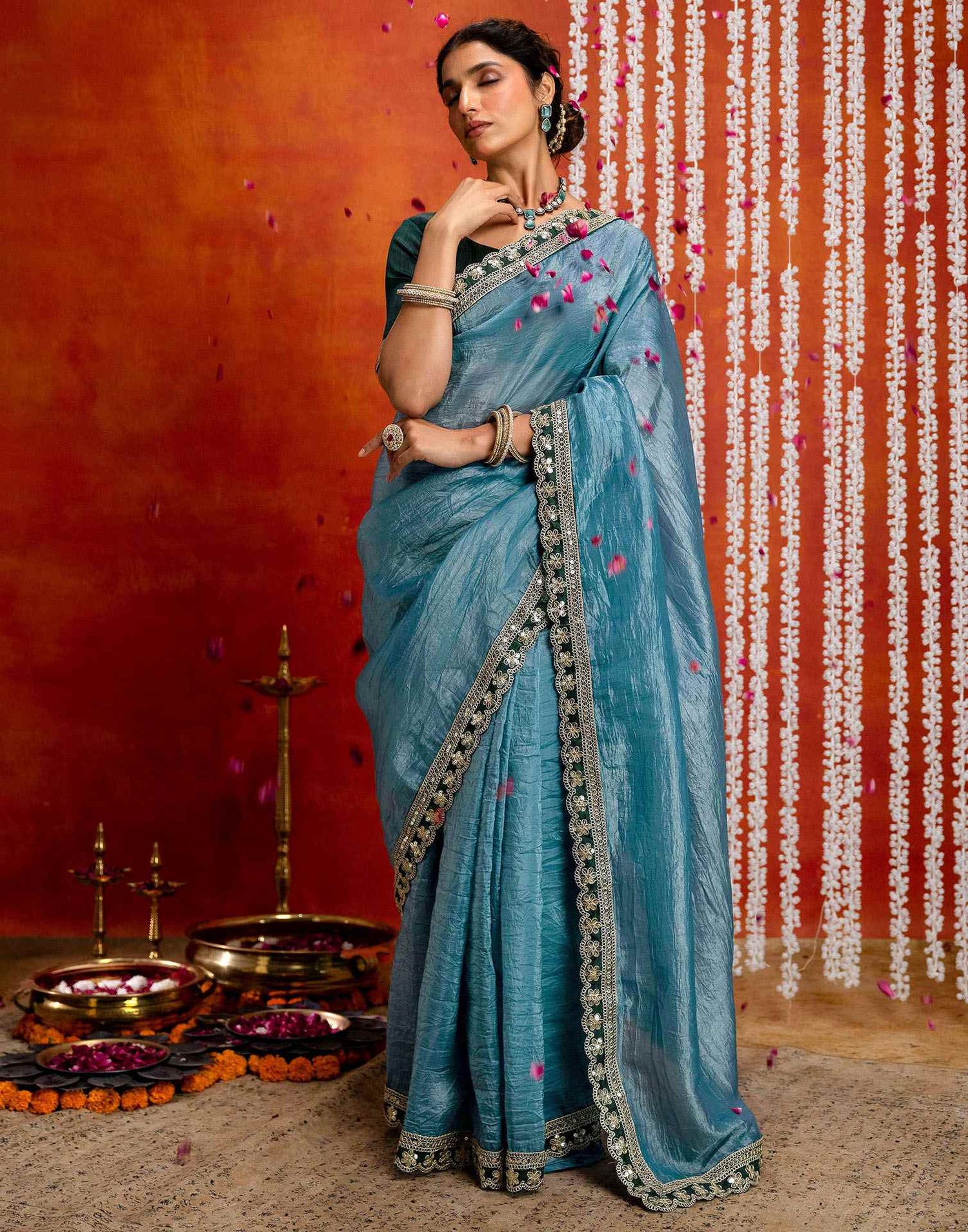 Teal Blue Crush Tissue Sequence Lace Saree
