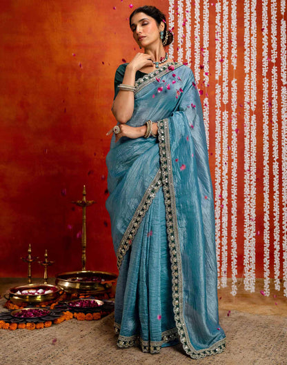 Teal Blue Crush Tissue Sequence Lace Saree