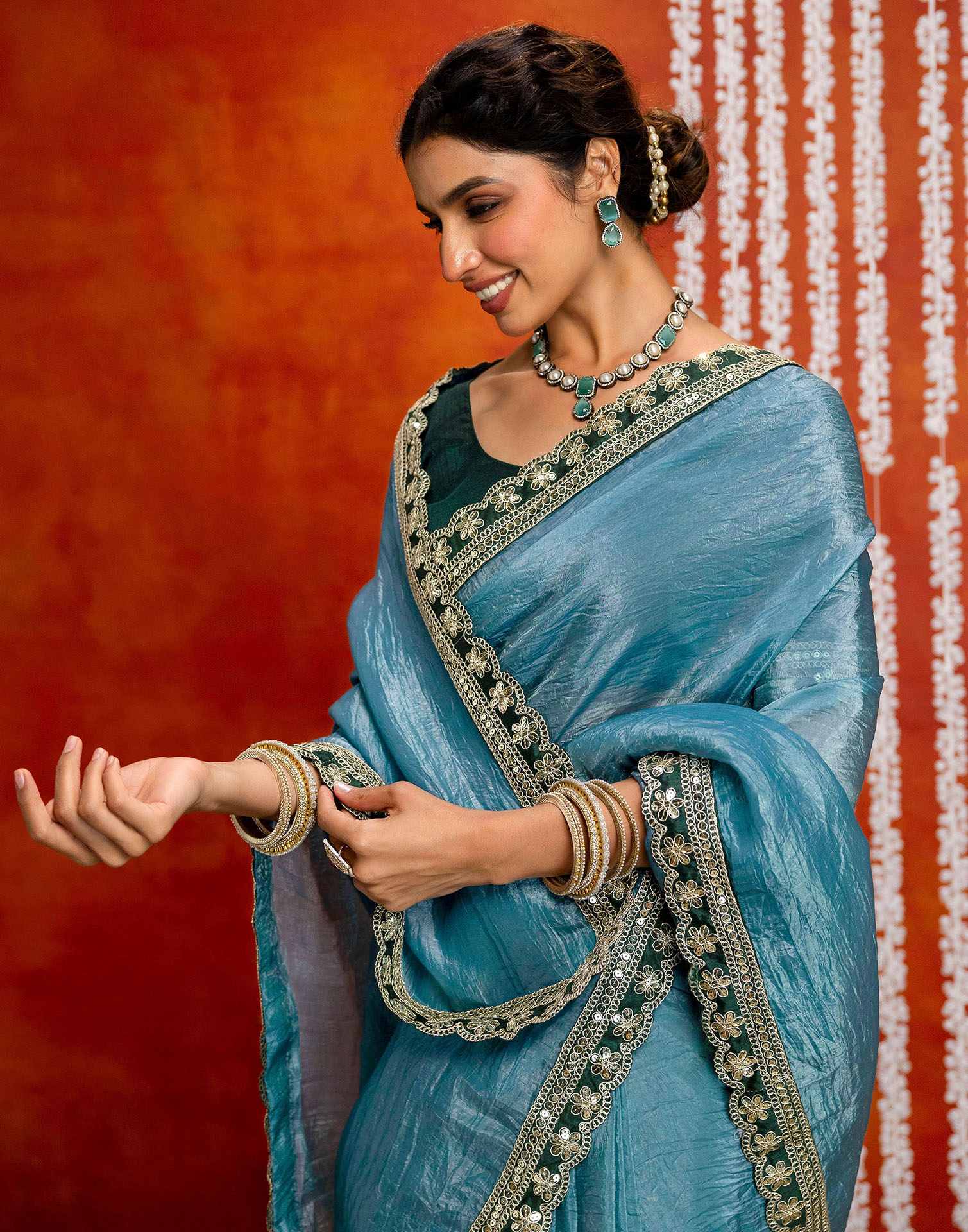 Teal Blue Crush Tissue Sequence Lace Saree