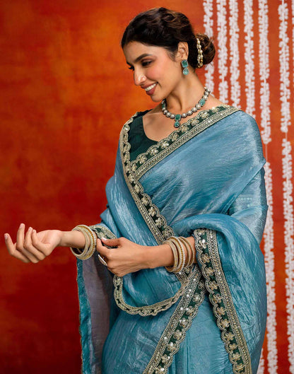Teal Blue Crush Tissue Sequence Lace Saree