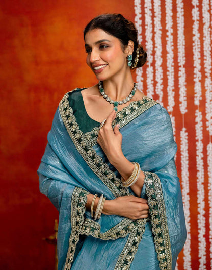 Teal Blue Crush Tissue Sequence Lace Saree