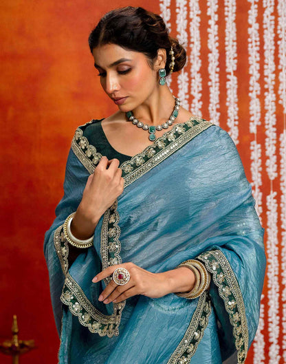 Teal Blue Crush Tissue Sequence Lace Saree