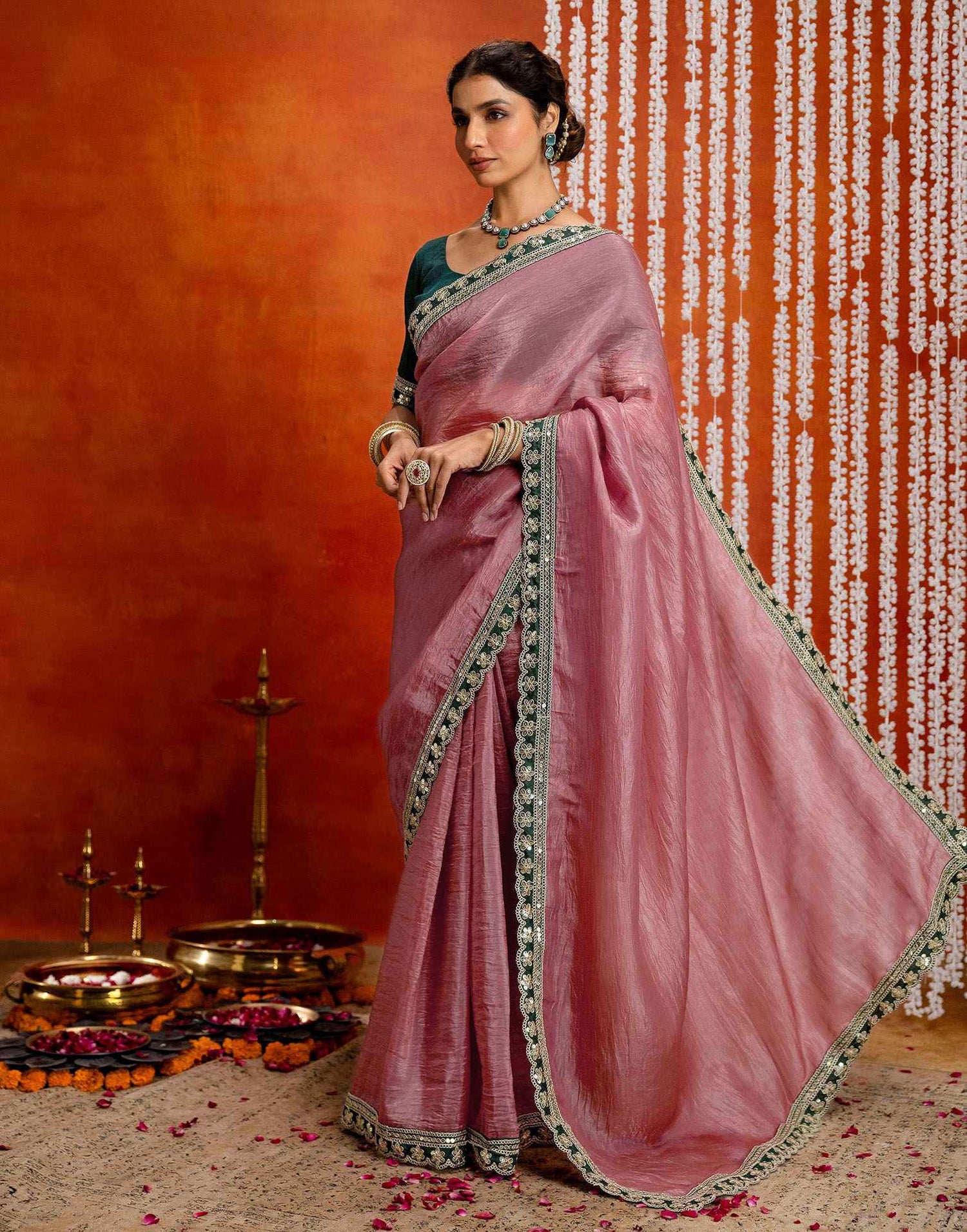 Dusty Rose Pink Crush Tissue Sequence Lace Saree