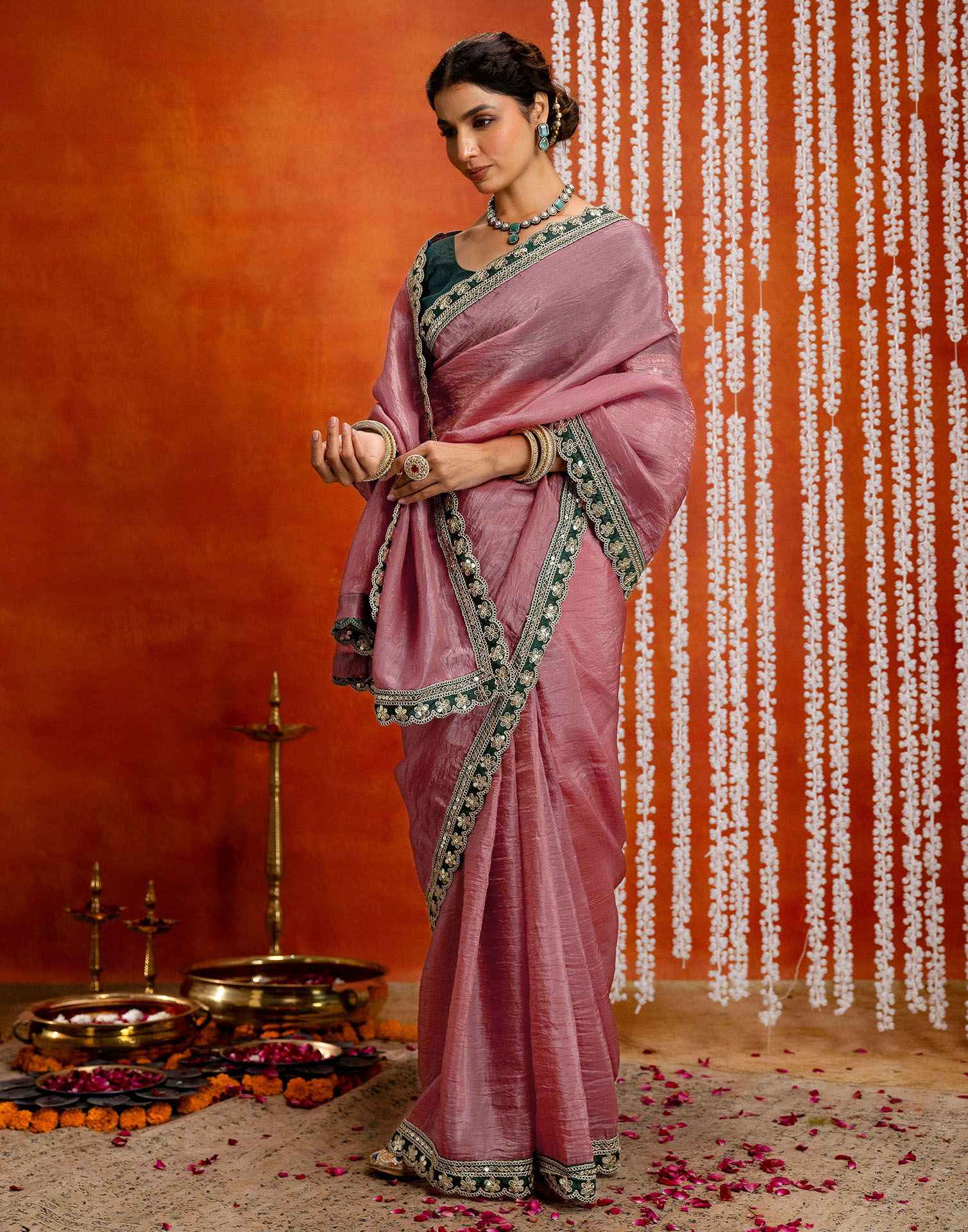 Dusty Rose Pink Crush Tissue Sequence Lace Saree