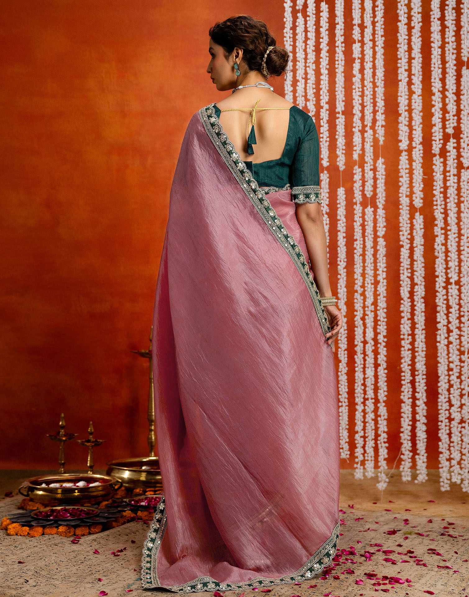 Dusty Rose Pink Crush Tissue Sequence Lace Saree