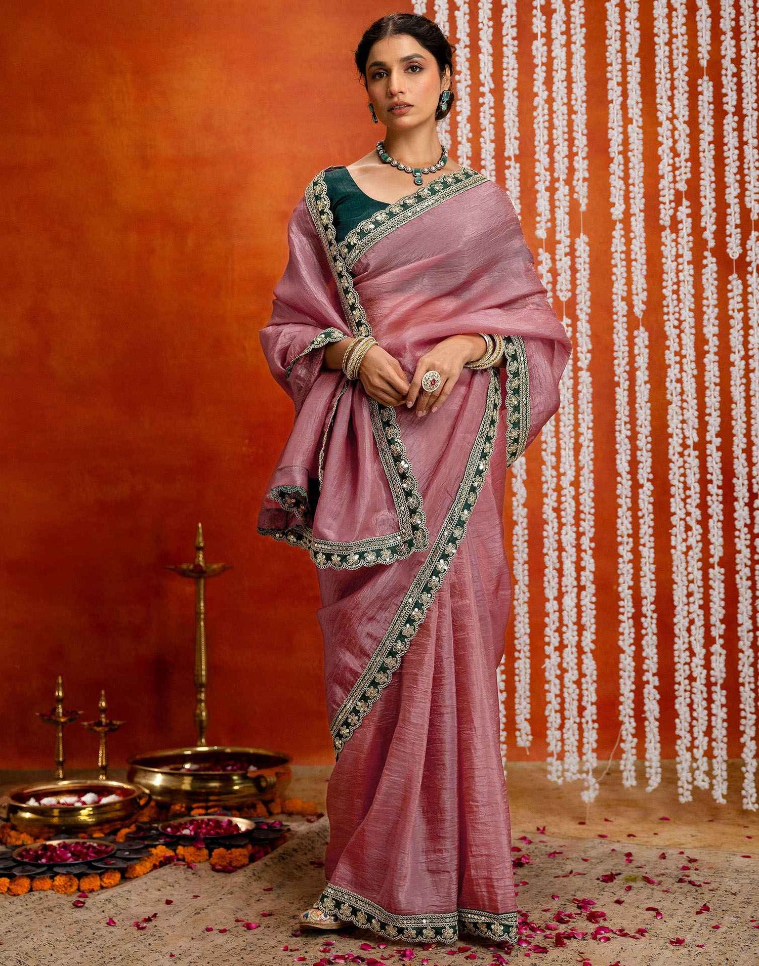 Dusty Rose Pink Crush Tissue Sequence Lace Saree