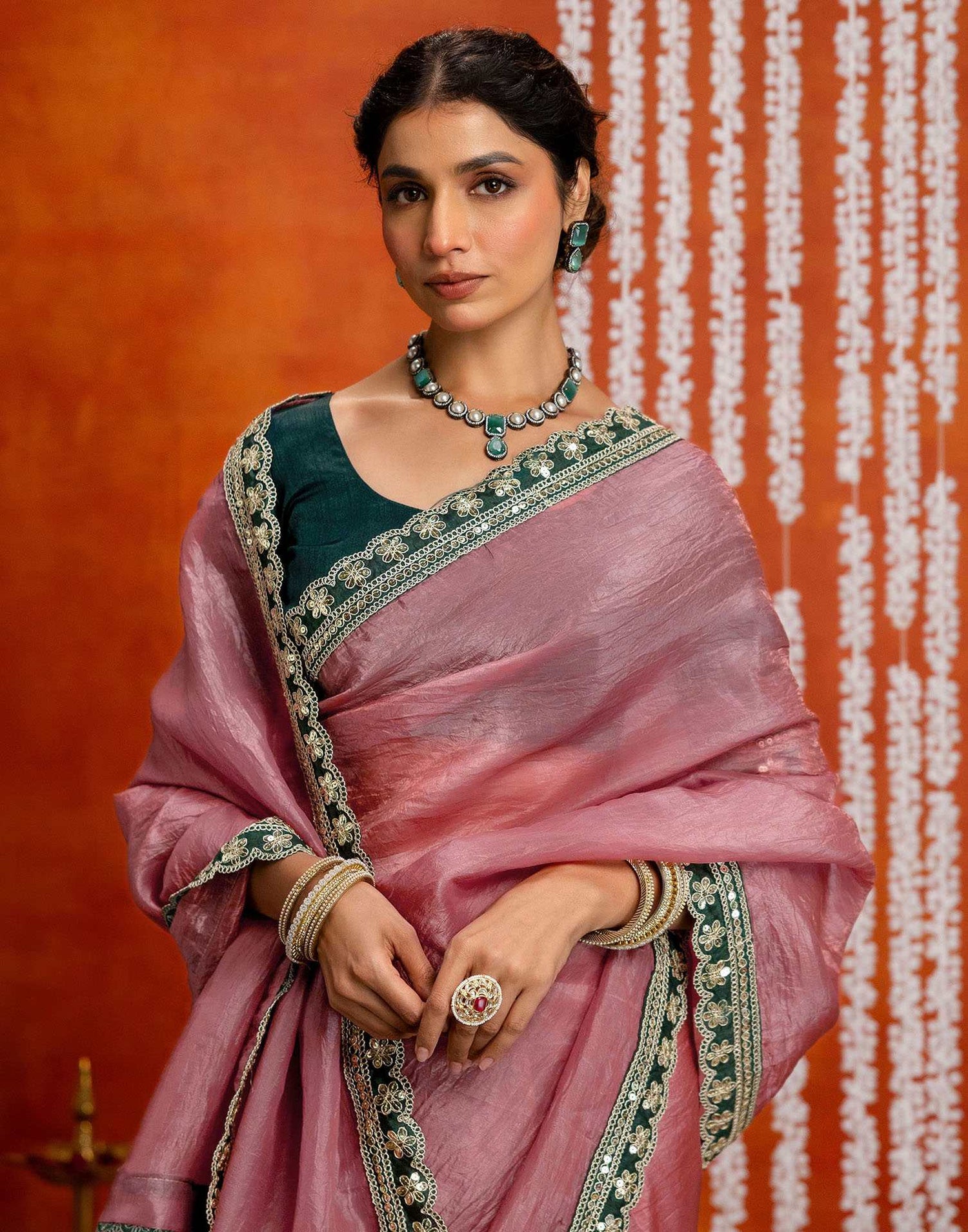 Dusty Rose Pink Crush Tissue Sequence Lace Saree