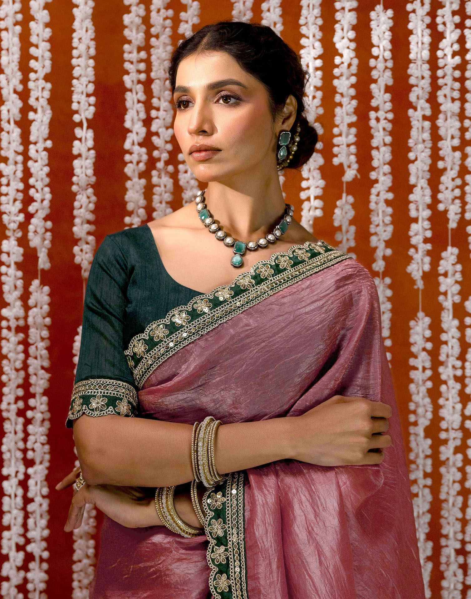 Dusty Rose Pink Crush Tissue Sequence Lace Saree