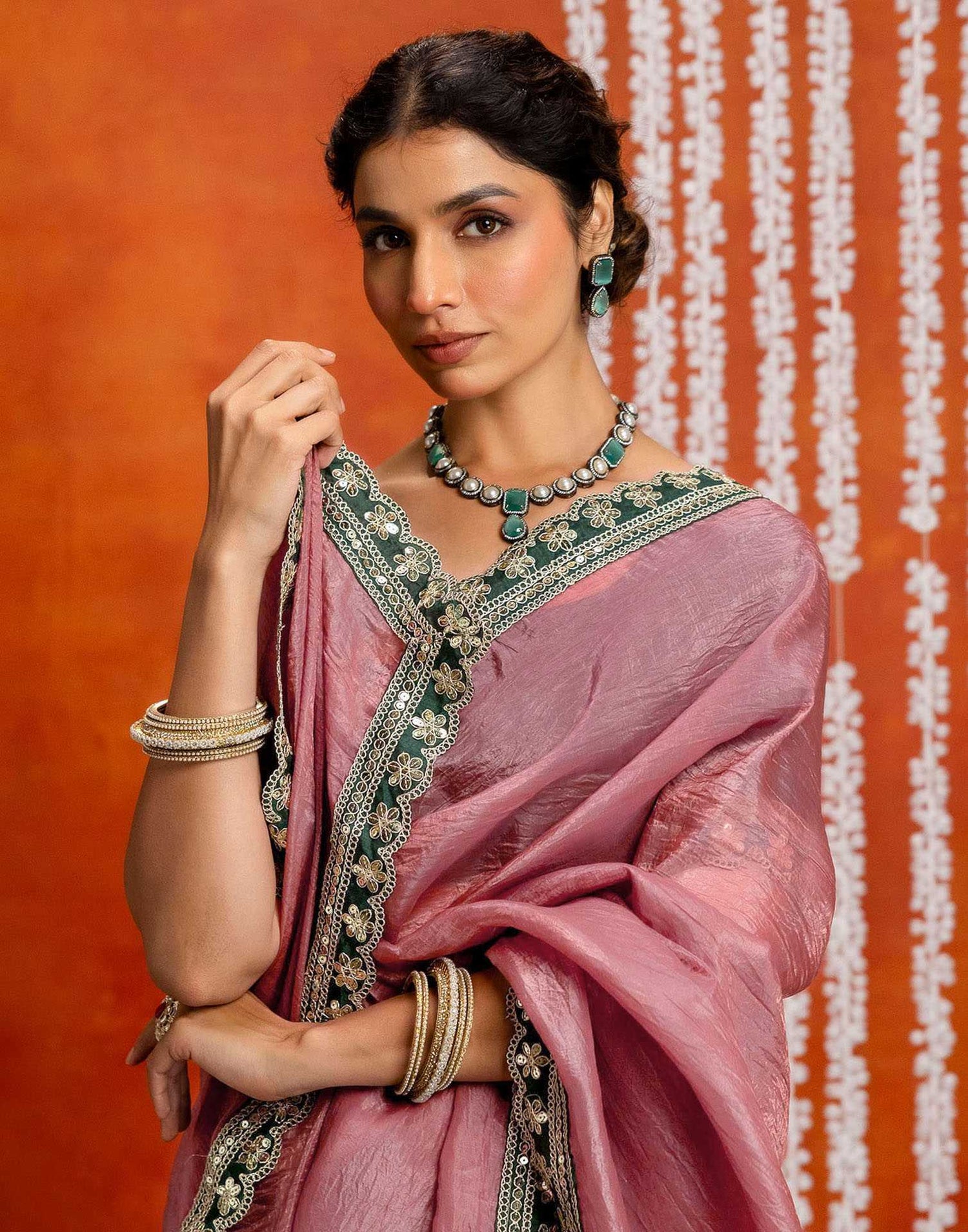 Dusty Rose Pink Crush Tissue Sequence Lace Saree