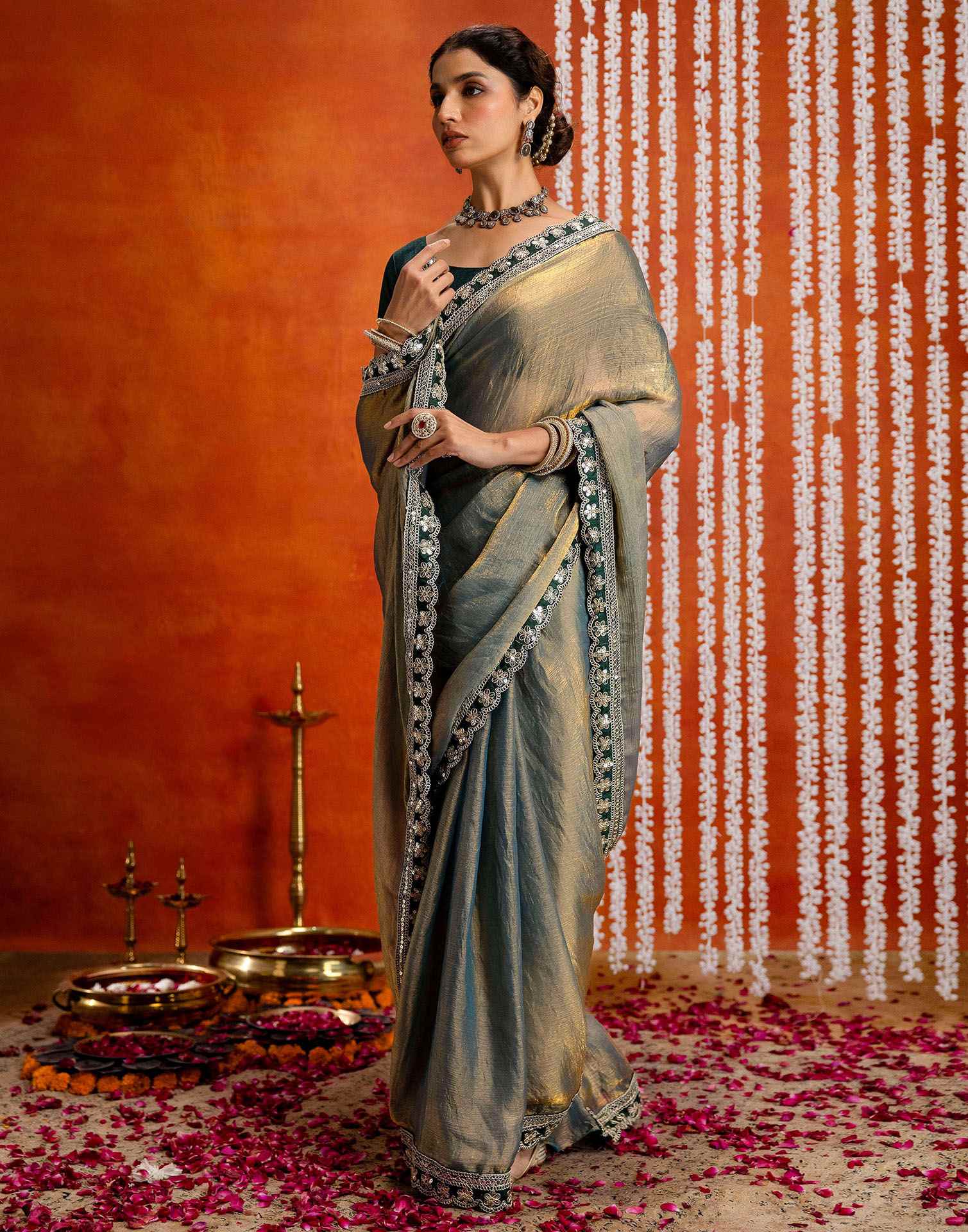 Teal Blue Shimmer Sequence Lace Saree