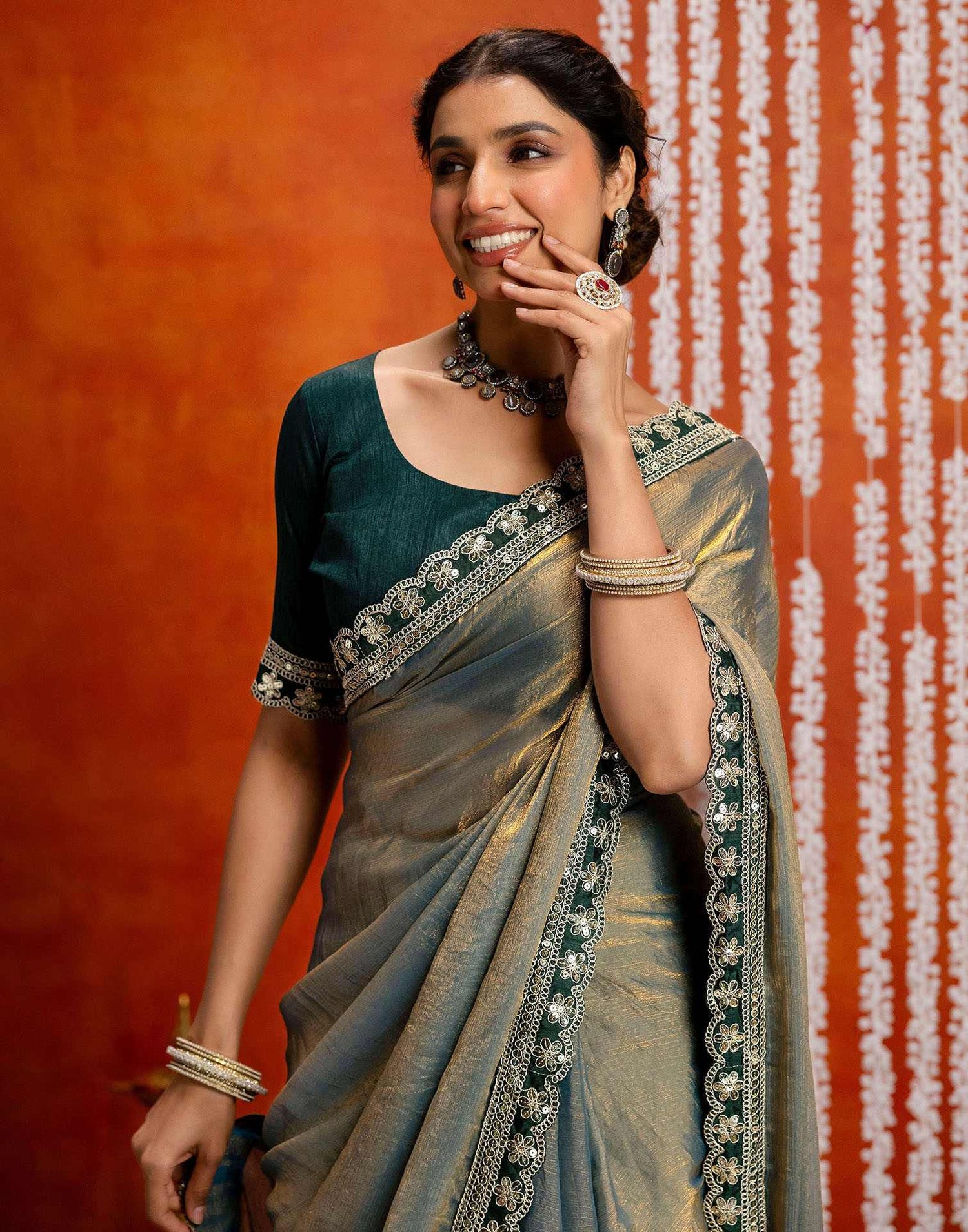 Teal Blue Shimmer Sequence Lace Saree