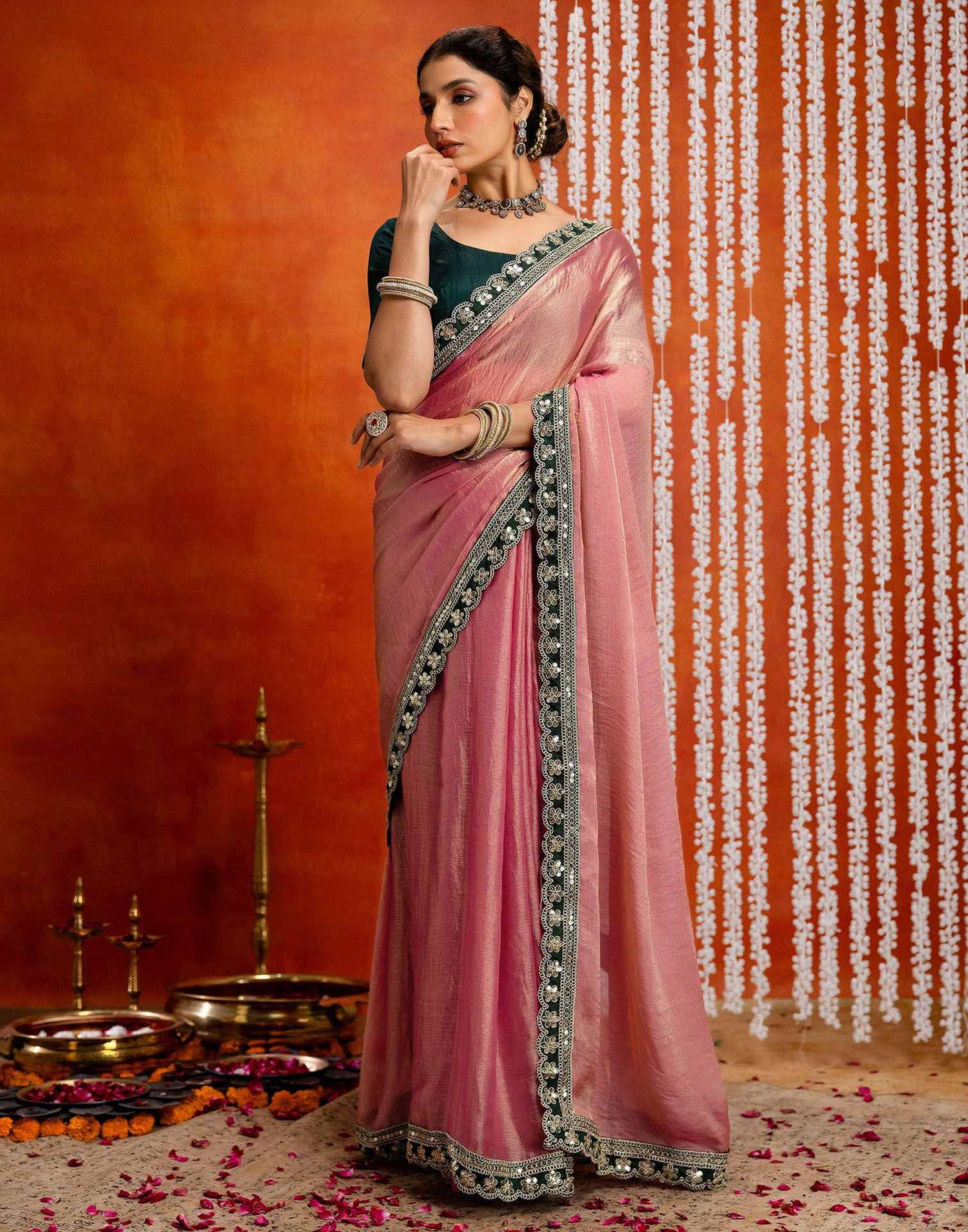 Light Pink Shimmer Sequence Lace Saree