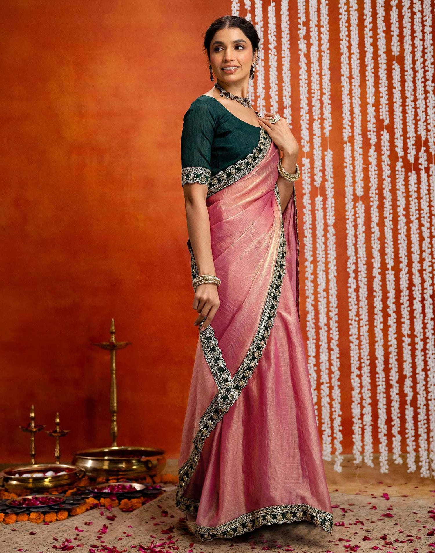 Light Pink Shimmer Sequence Lace Saree