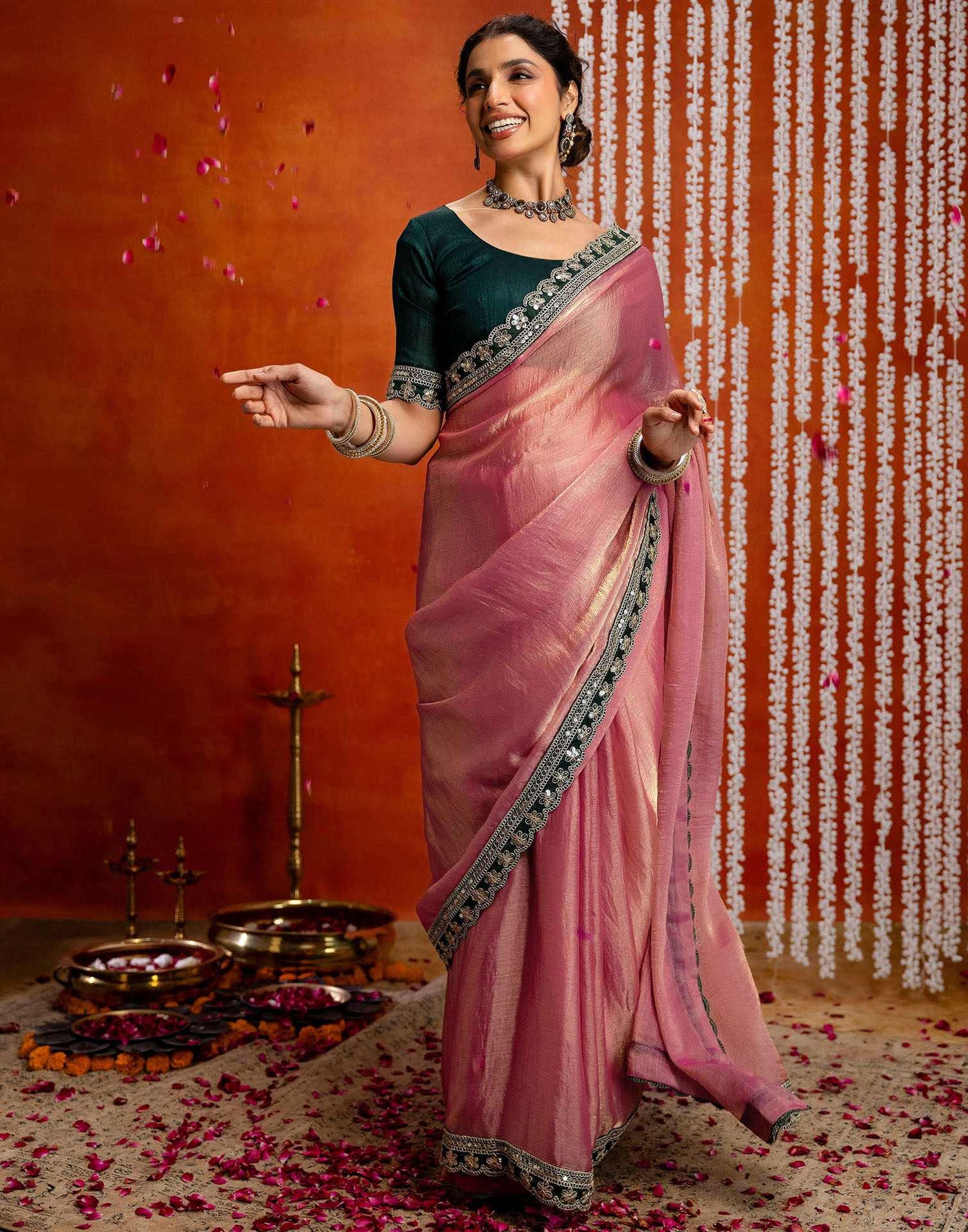 Light Pink Shimmer Sequence Lace Saree