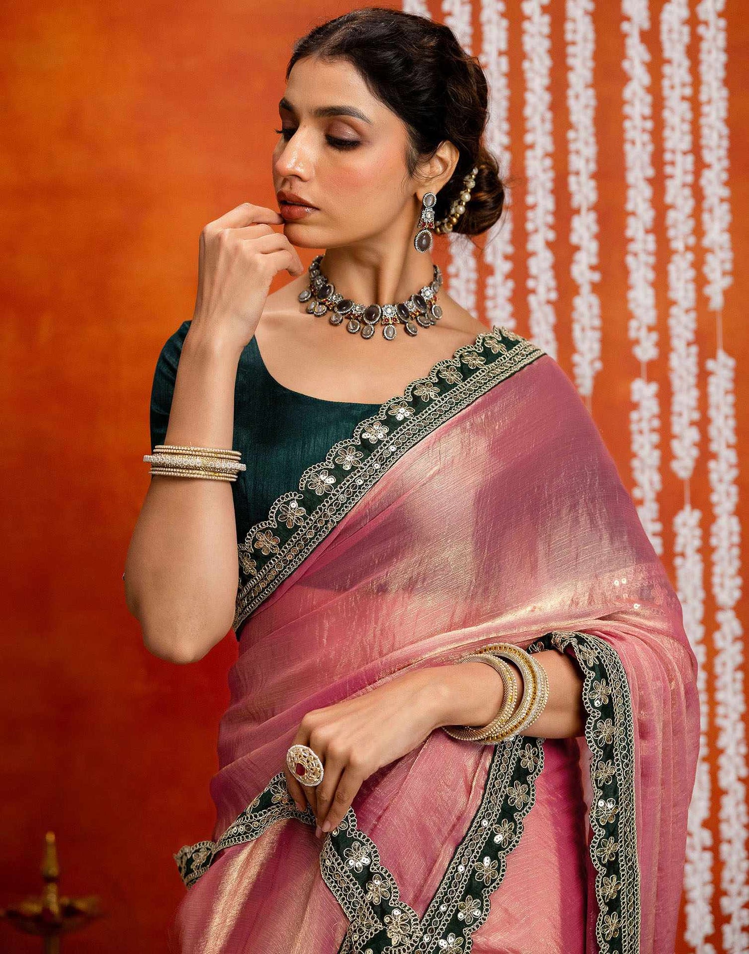 Light Pink Shimmer Sequence Lace Saree