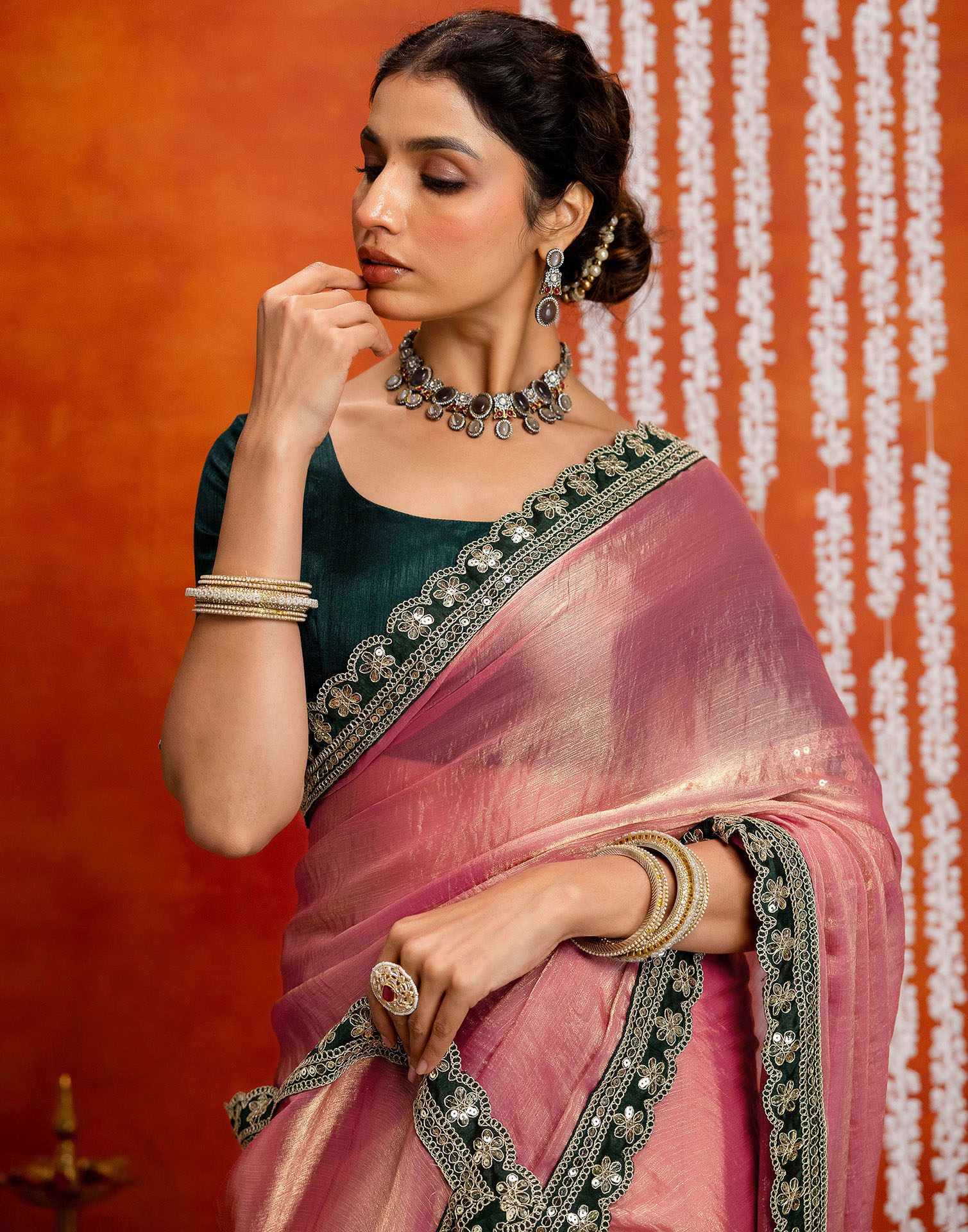 Light Pink Shimmer Sequence Lace Saree