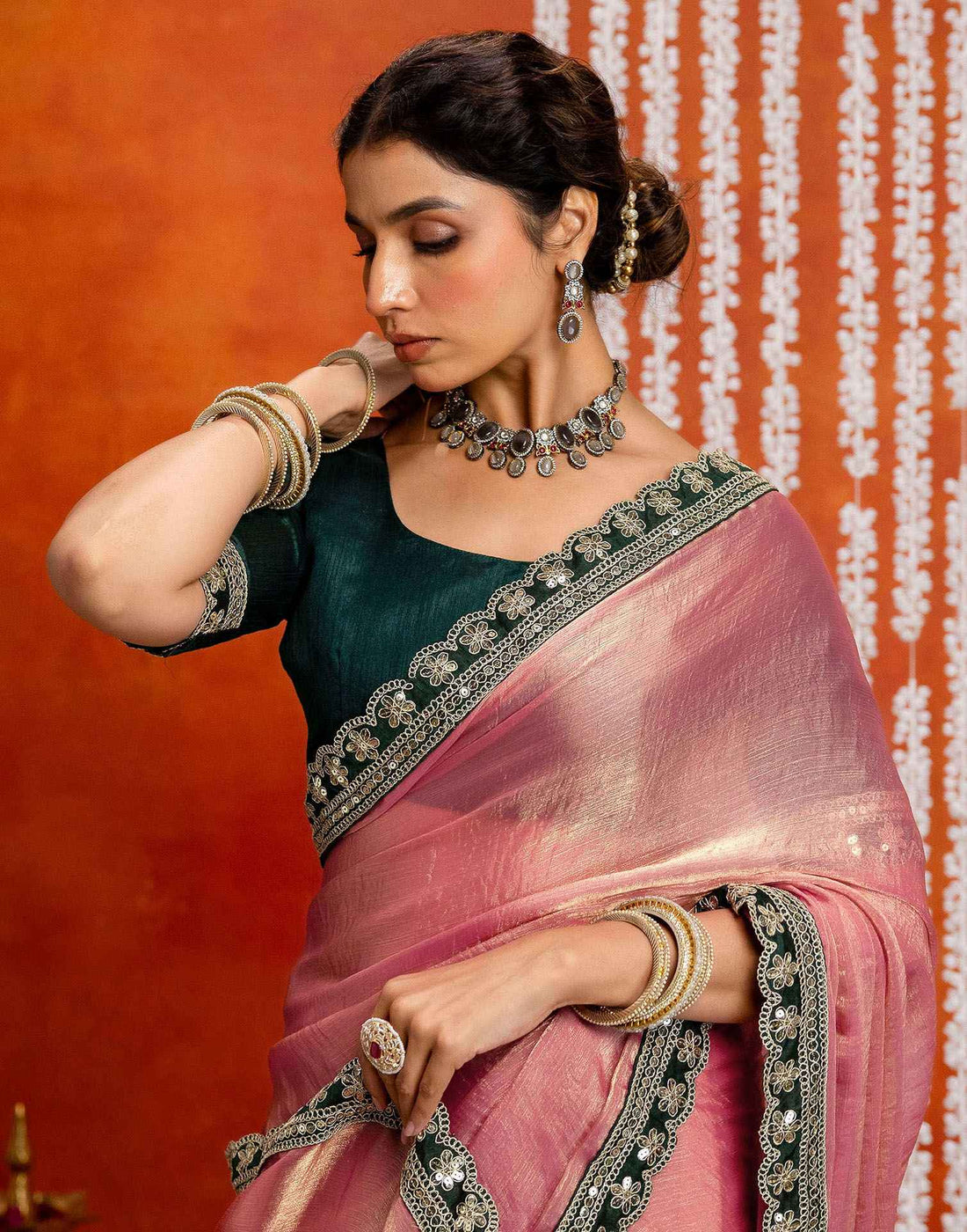 Light Pink Shimmer Sequence Lace Saree