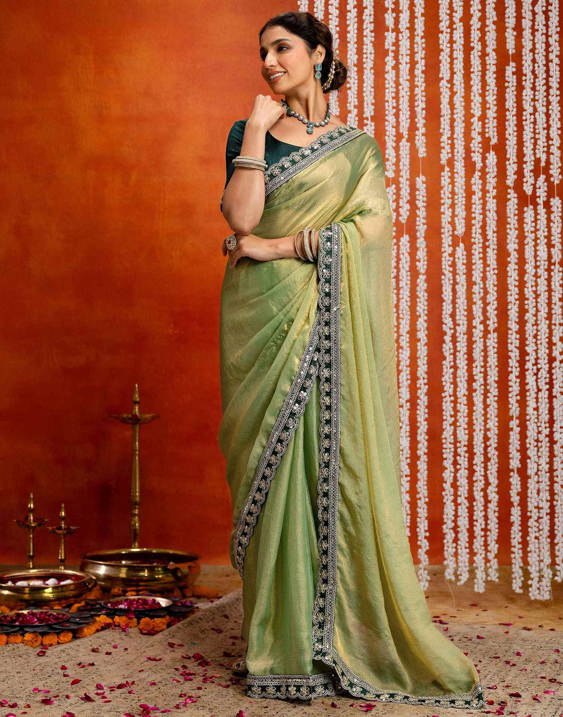 Pista Green Shimmer Sequence Lace Saree