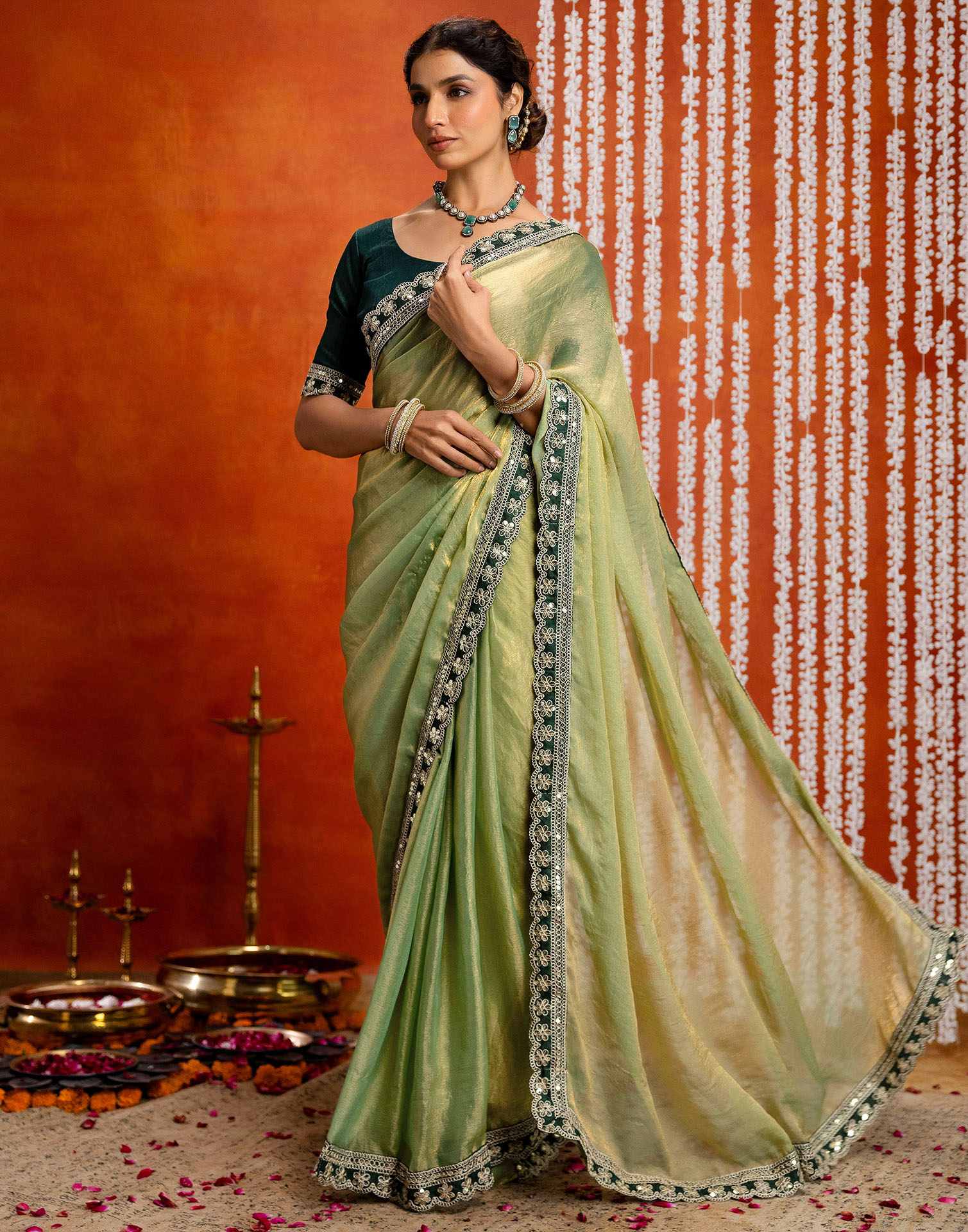Pista Green Shimmer Sequence Lace Saree