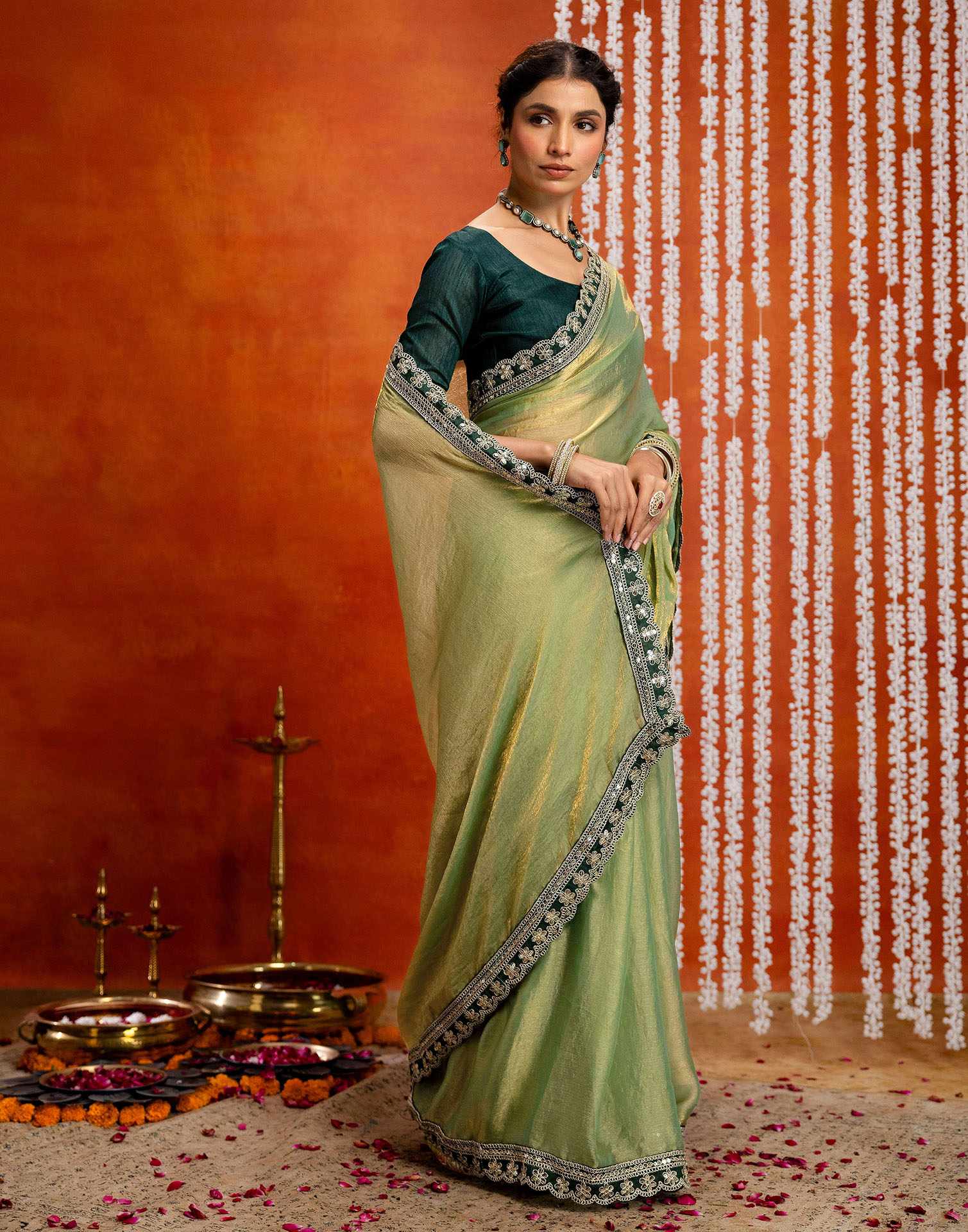 Pista Green Shimmer Sequence Lace Saree