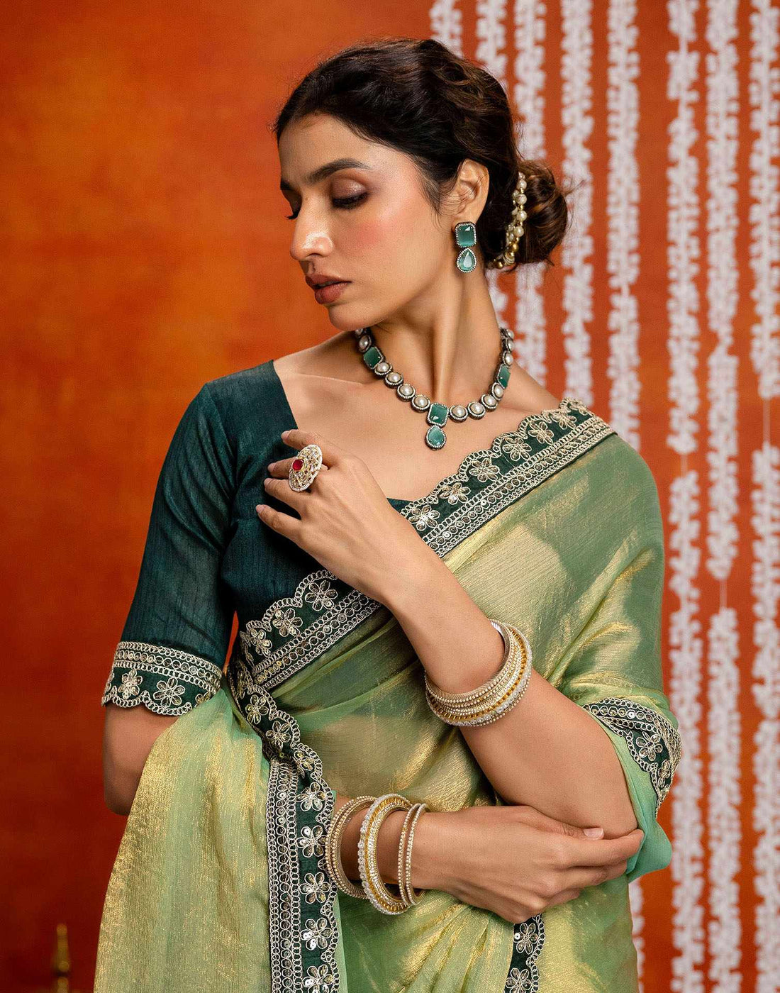 Pista Green Shimmer Sequence Lace Saree