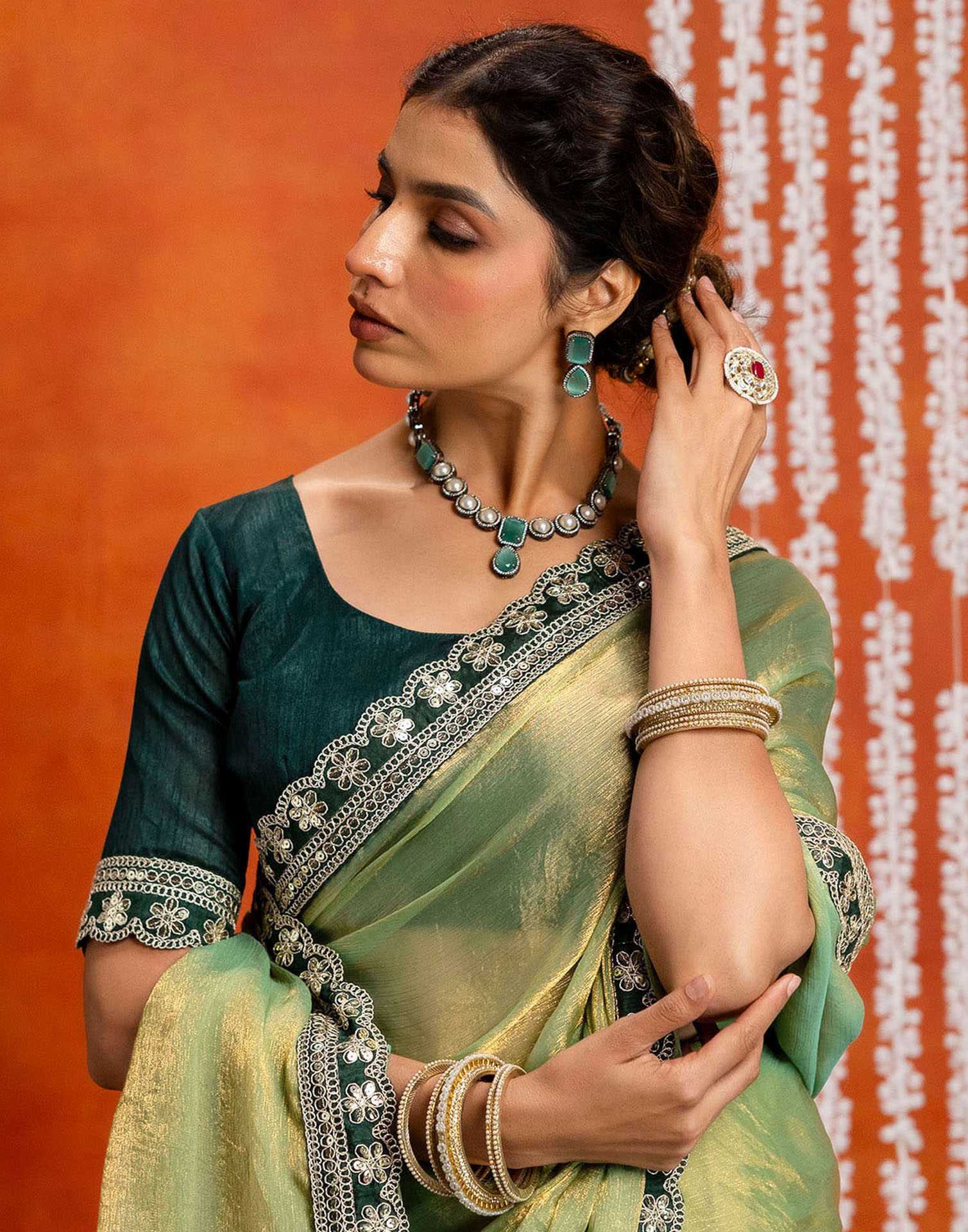 Pista Green Shimmer Sequence Lace Saree