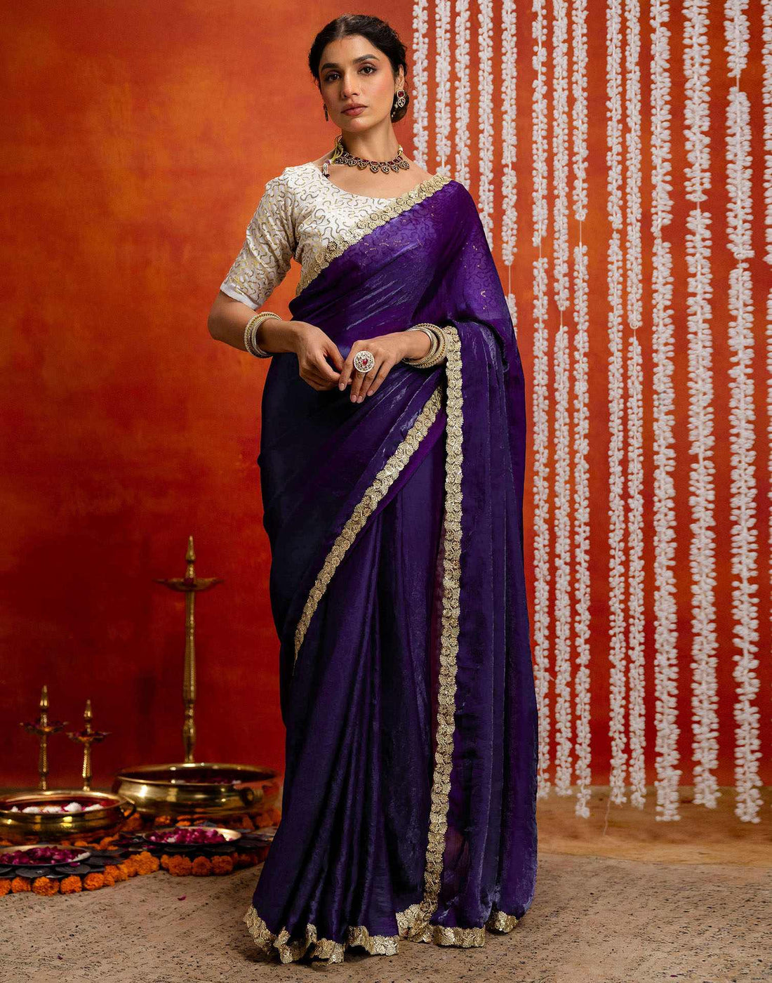 Purple Silk Embroidery lace Saree