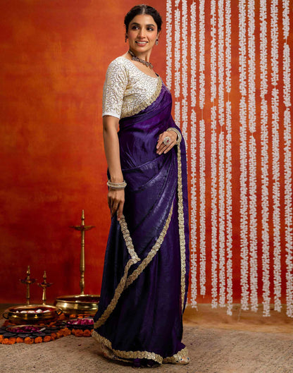 Purple Silk Embroidery lace Saree