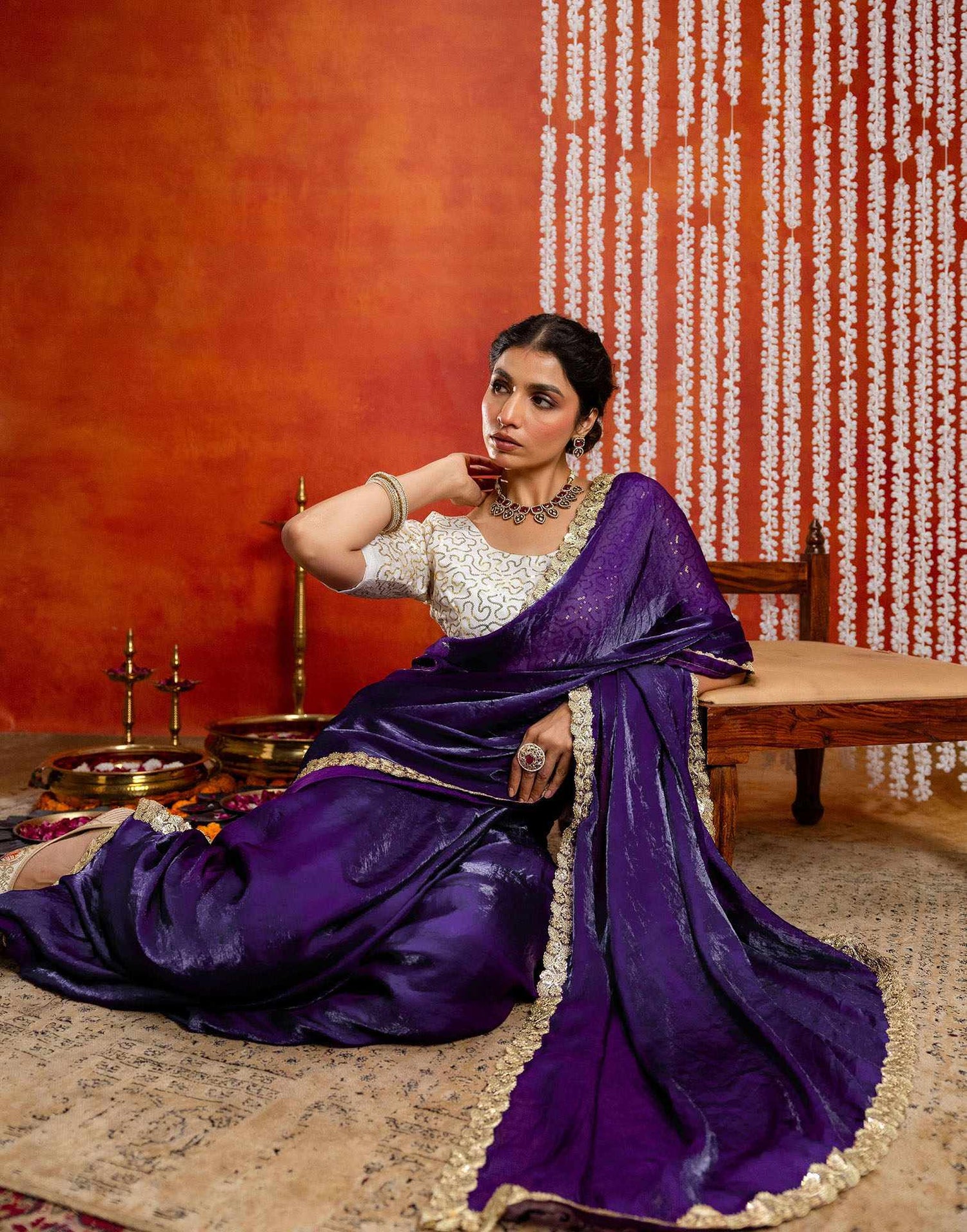 Purple Silk Embroidery lace Saree