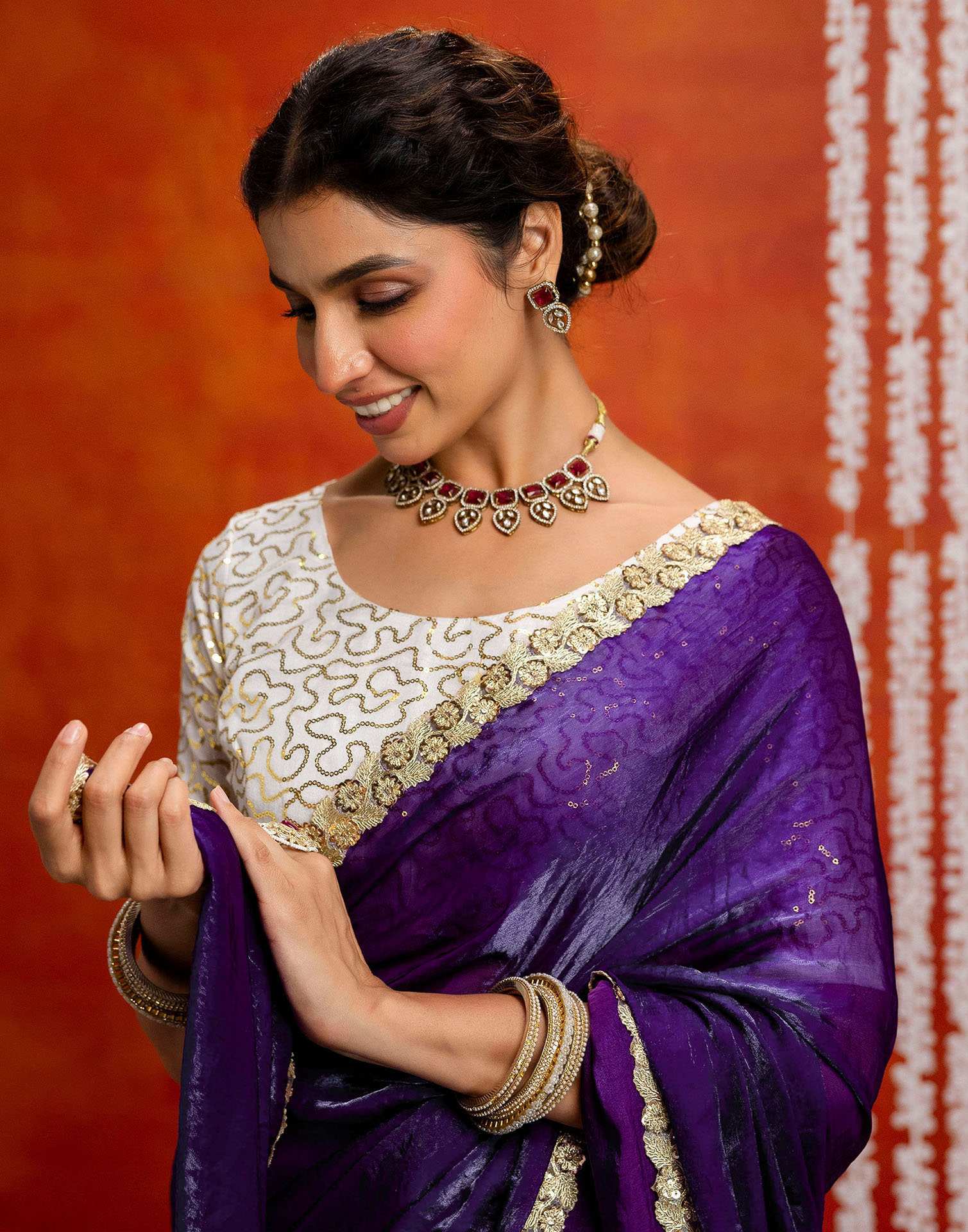 Purple Silk Embroidery lace Saree