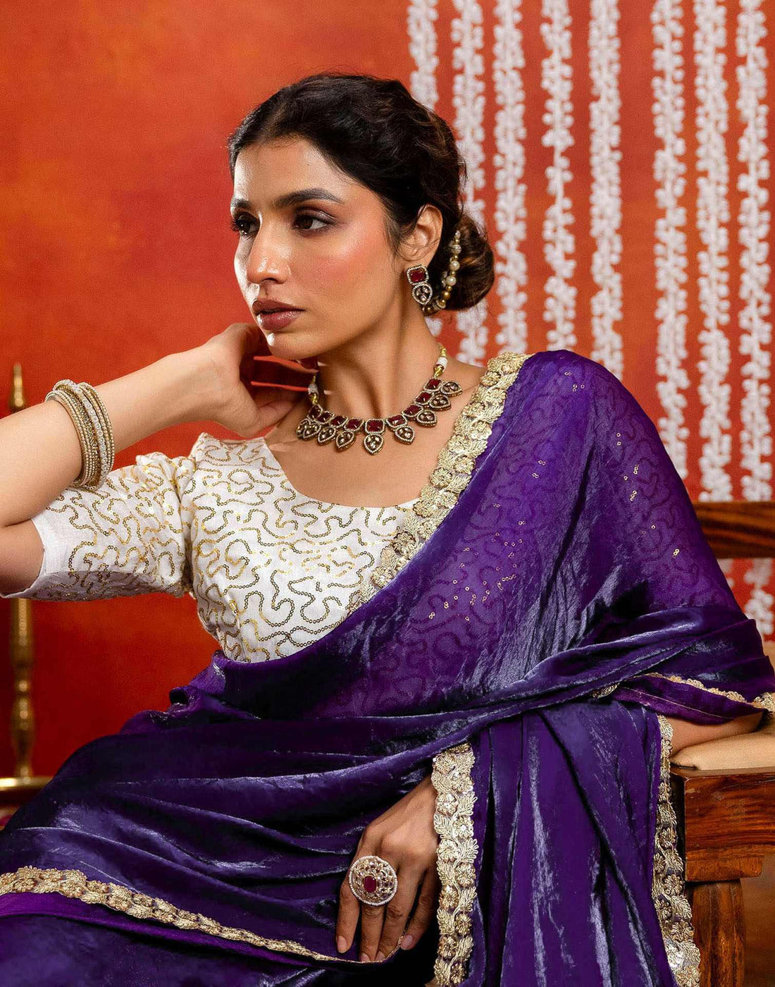 Purple Silk Embroidery lace Saree