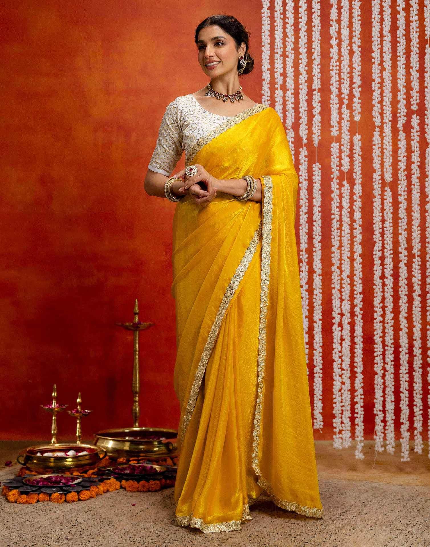 Yellow Silk Embroidery lace Saree