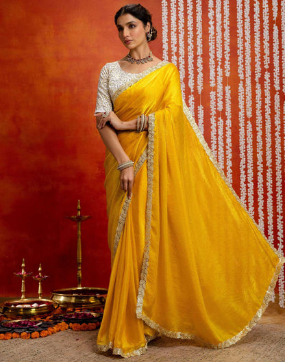 Yellow Silk Embroidery lace Saree