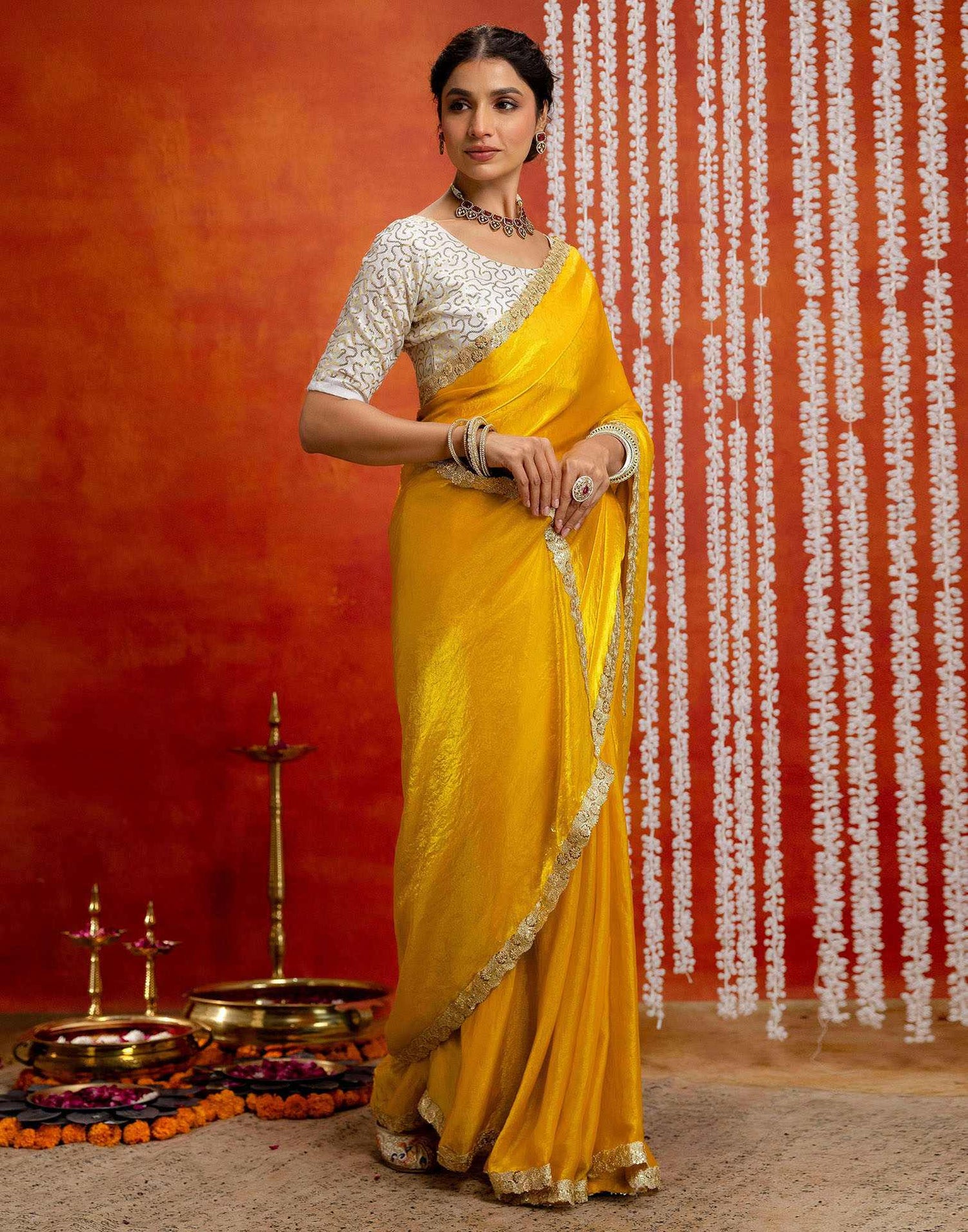 Yellow Silk Embroidery lace Saree