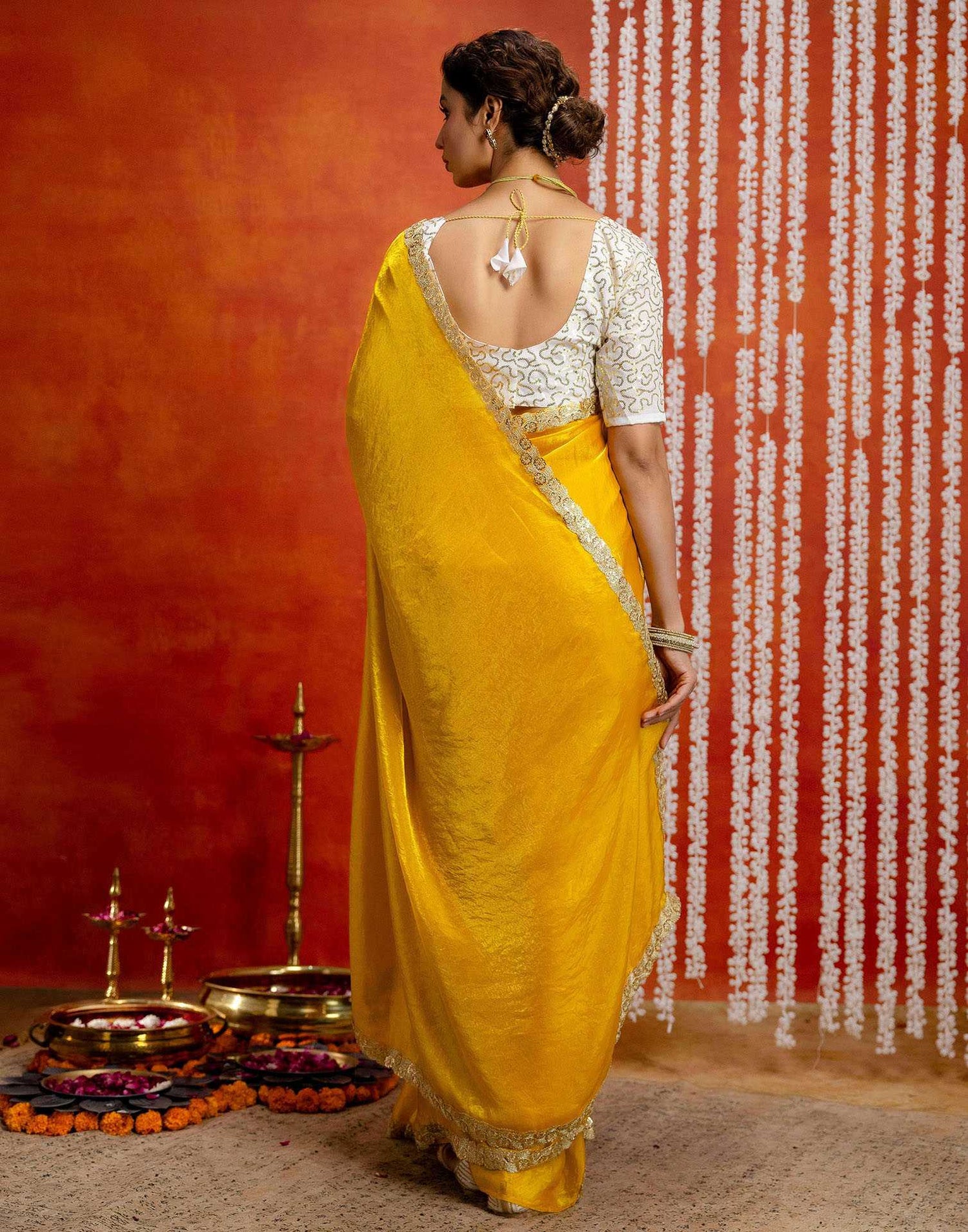 Yellow Silk Embroidery lace Saree