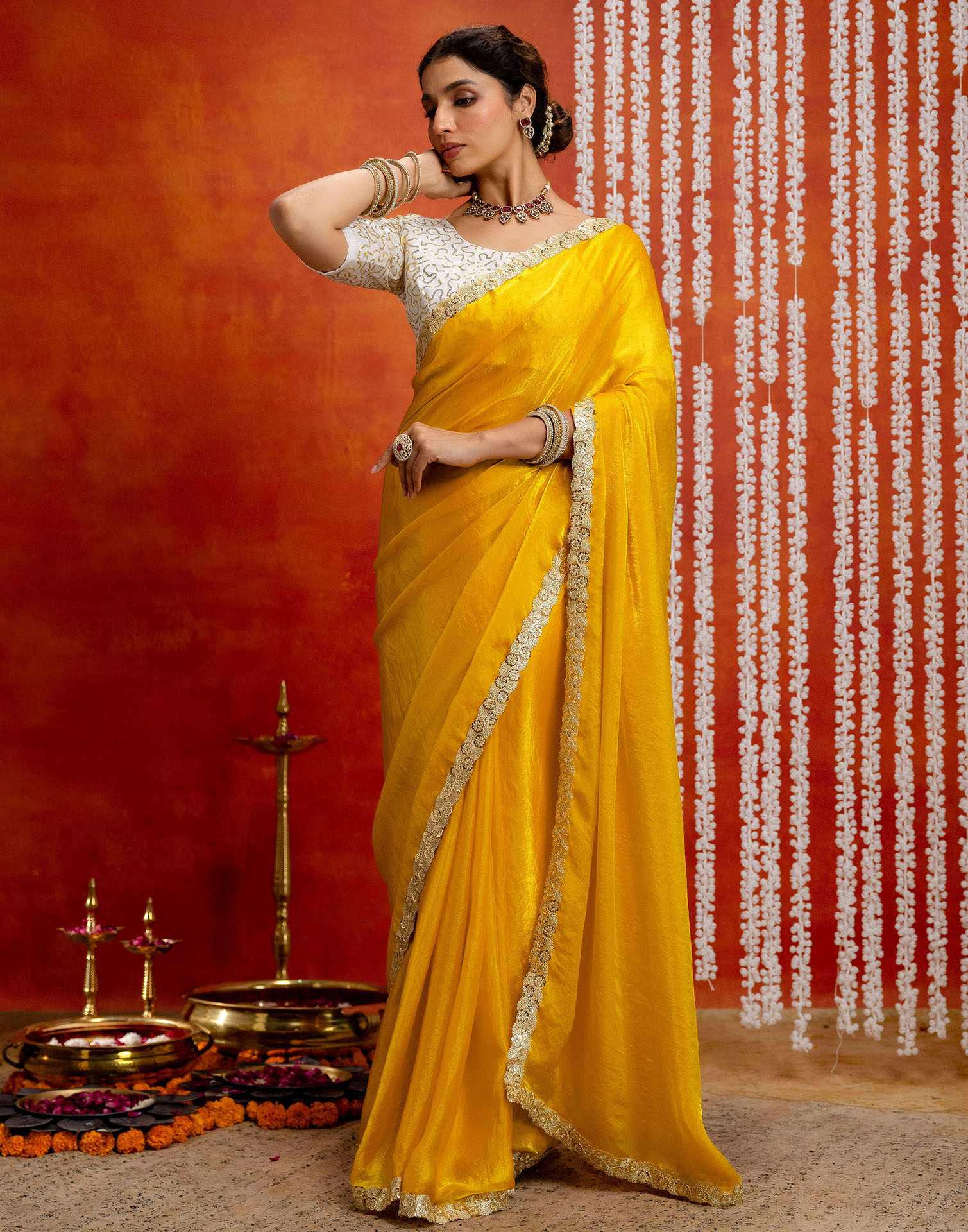 Yellow Silk Embroidery lace Saree