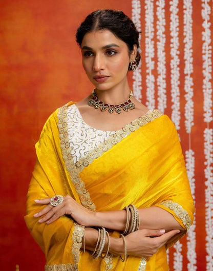 Yellow Silk Embroidery lace Saree