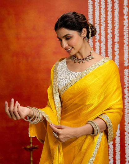Yellow Silk Embroidery lace Saree