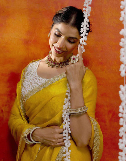 Yellow Silk Embroidery lace Saree