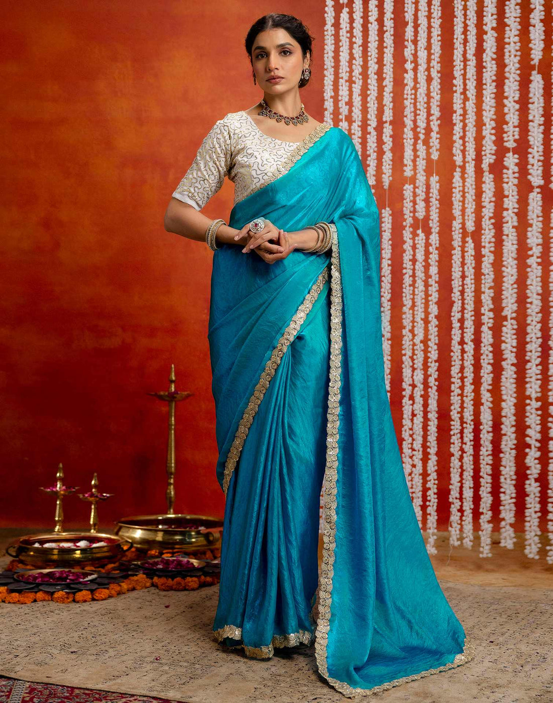 Teal Blue Silk Embroidery lace Saree
