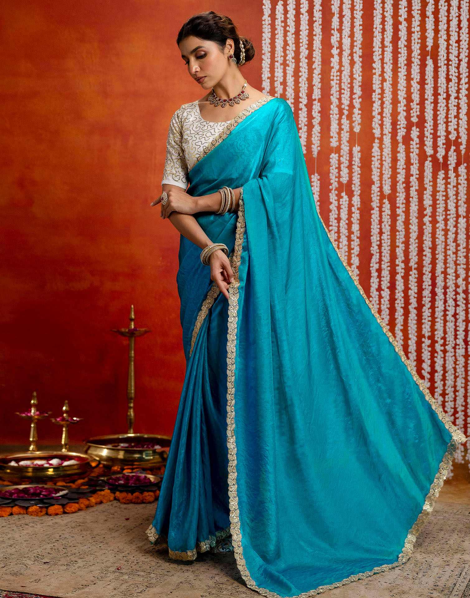 Teal Blue Silk Embroidery lace Saree
