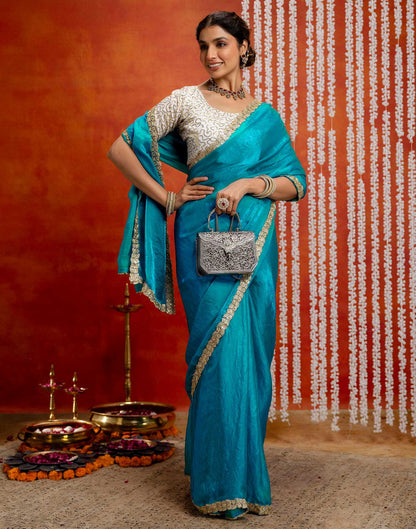 Teal Blue Silk Embroidery lace Saree