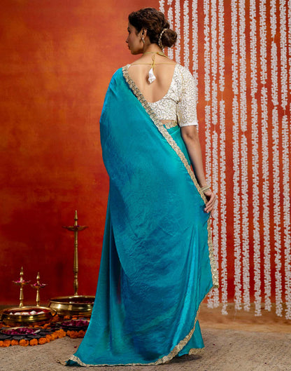 Teal Blue Silk Embroidery lace Saree