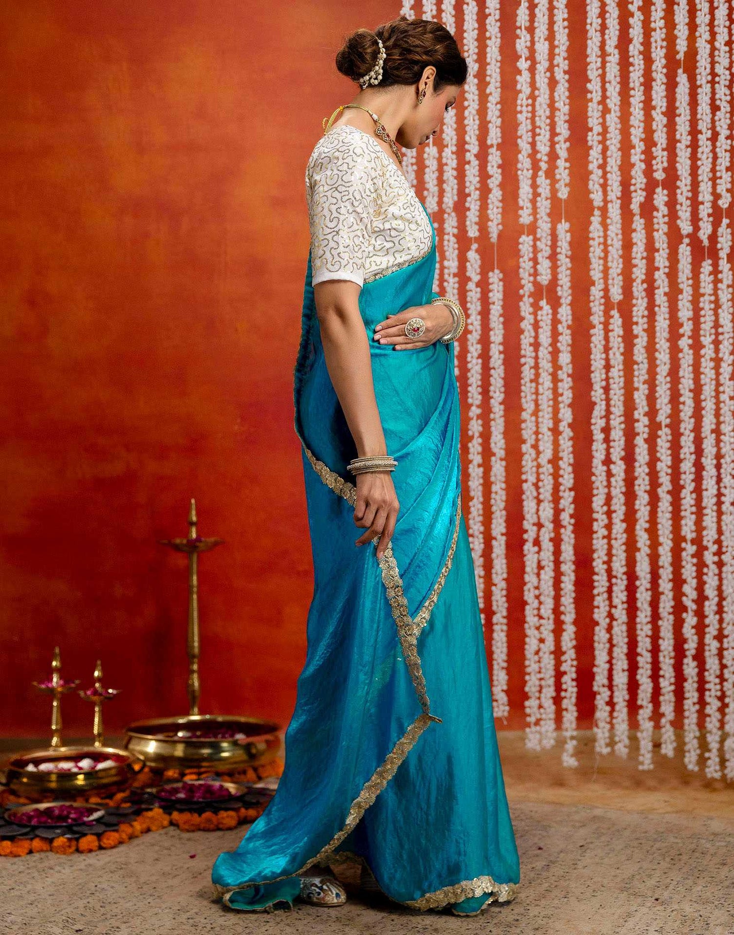 Teal Blue Silk Embroidery lace Saree