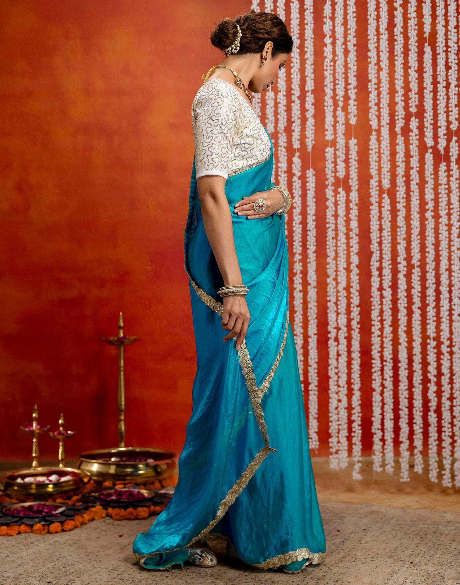 Teal Blue Silk Embroidery lace Saree
