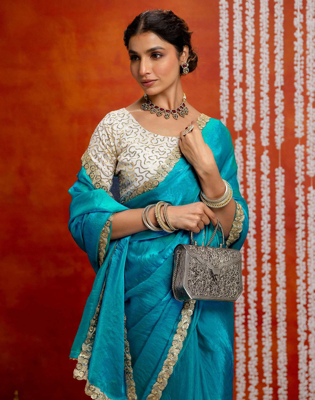 Teal Blue Silk Embroidery lace Saree
