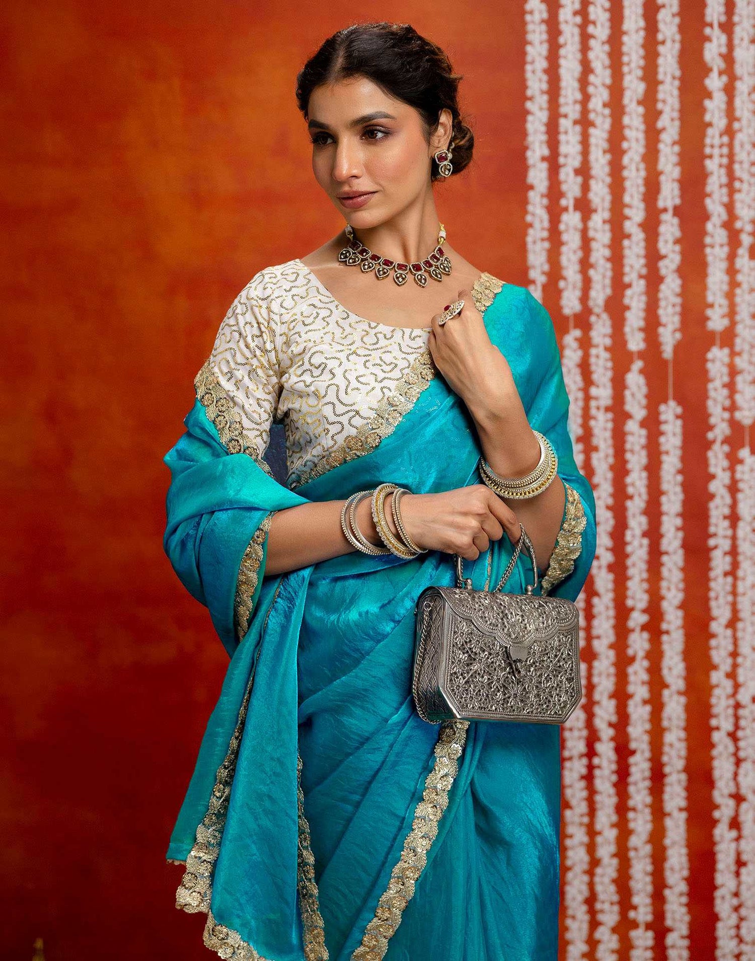 Teal Blue Silk Embroidery lace Saree