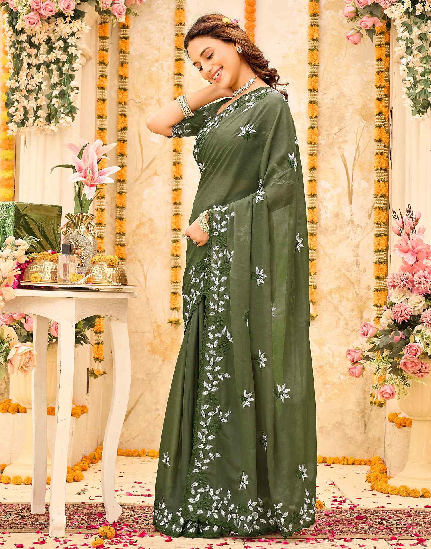 Olive Green Georgette Embroidery Saree