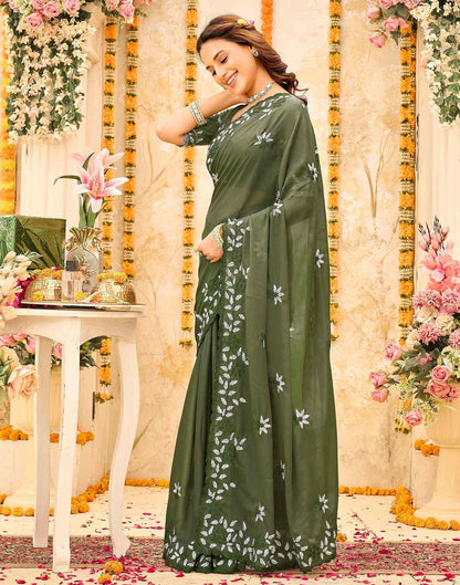 Olive Green Georgette Embroidery Saree